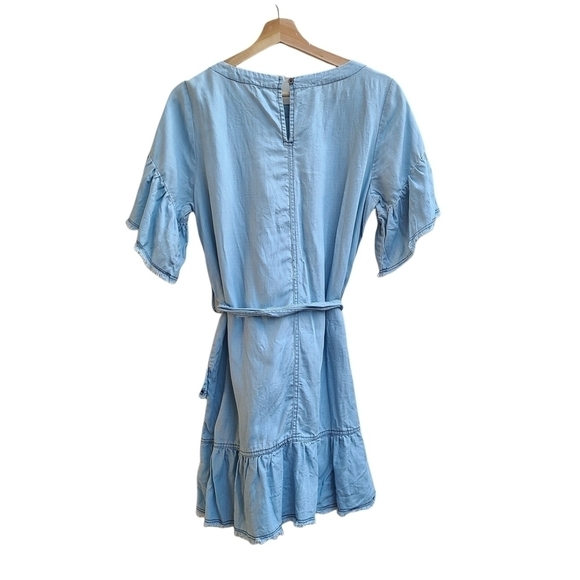 Amenah Chambray Dress with Raw Edge Layered Ruffle Hem and Sleeves, Size Small - Picture 2 of 5